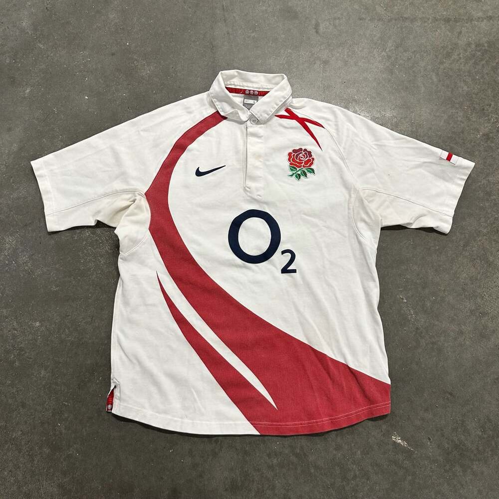 Nike England Rugby Jersey O2 Size L Y2K 2000s Short Sleeve Polo Shirt RARE